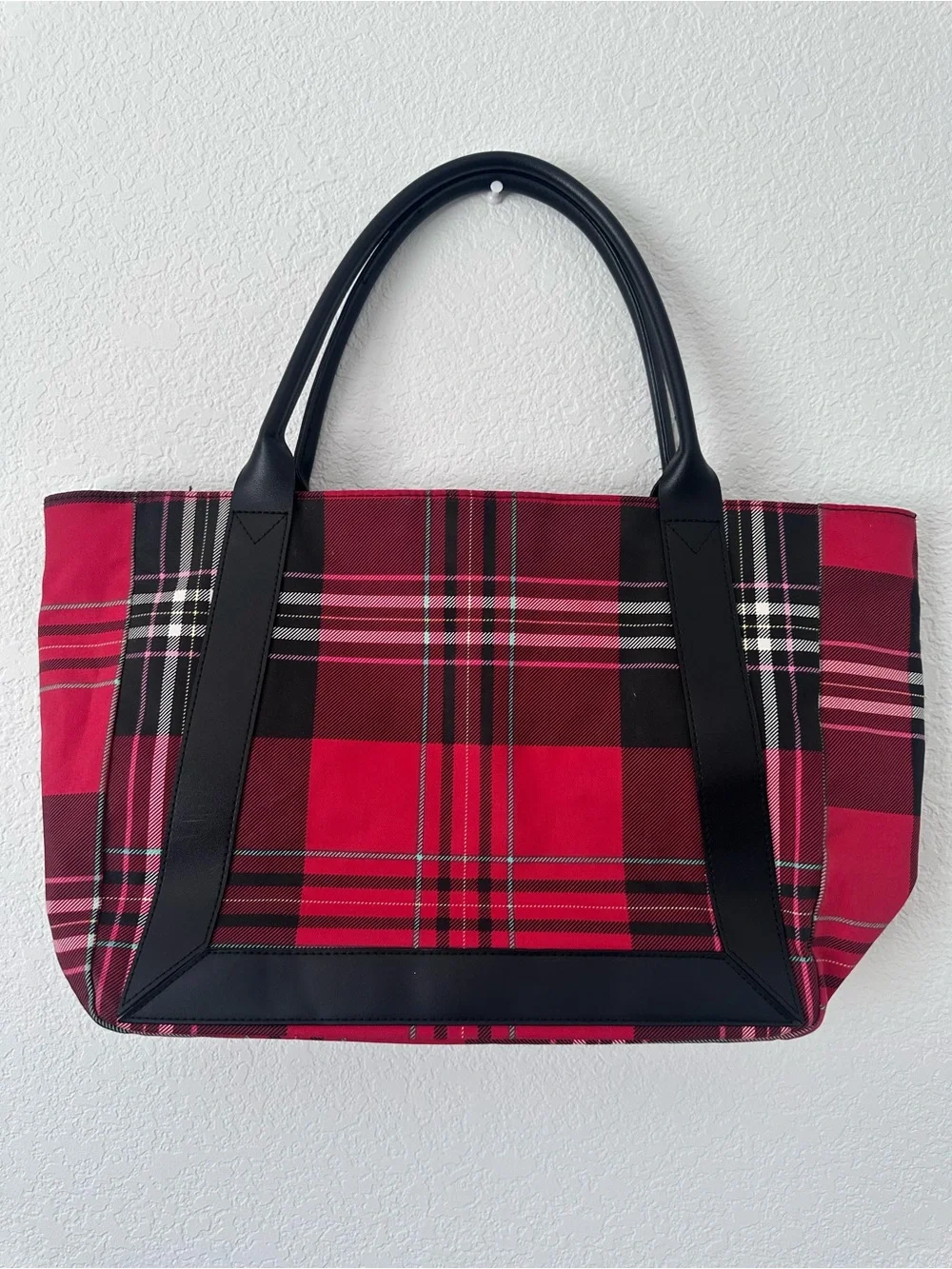 Victoria's Secret Red and Black Plaid Tote with Floral Accent